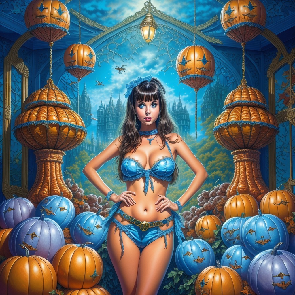 Woman in Colorful Pumpkin Scene with Magical Landscape