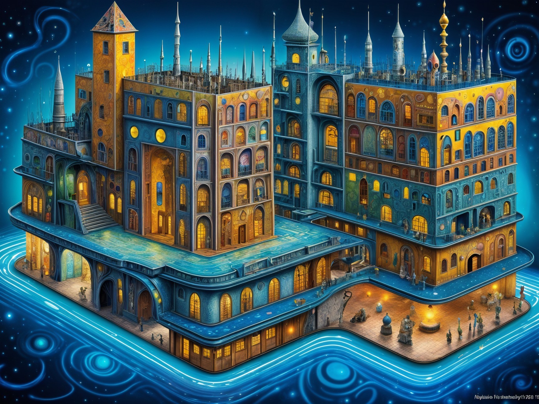 Vibrant Fantastical Cityscape with Multi-Tiered Buildings
