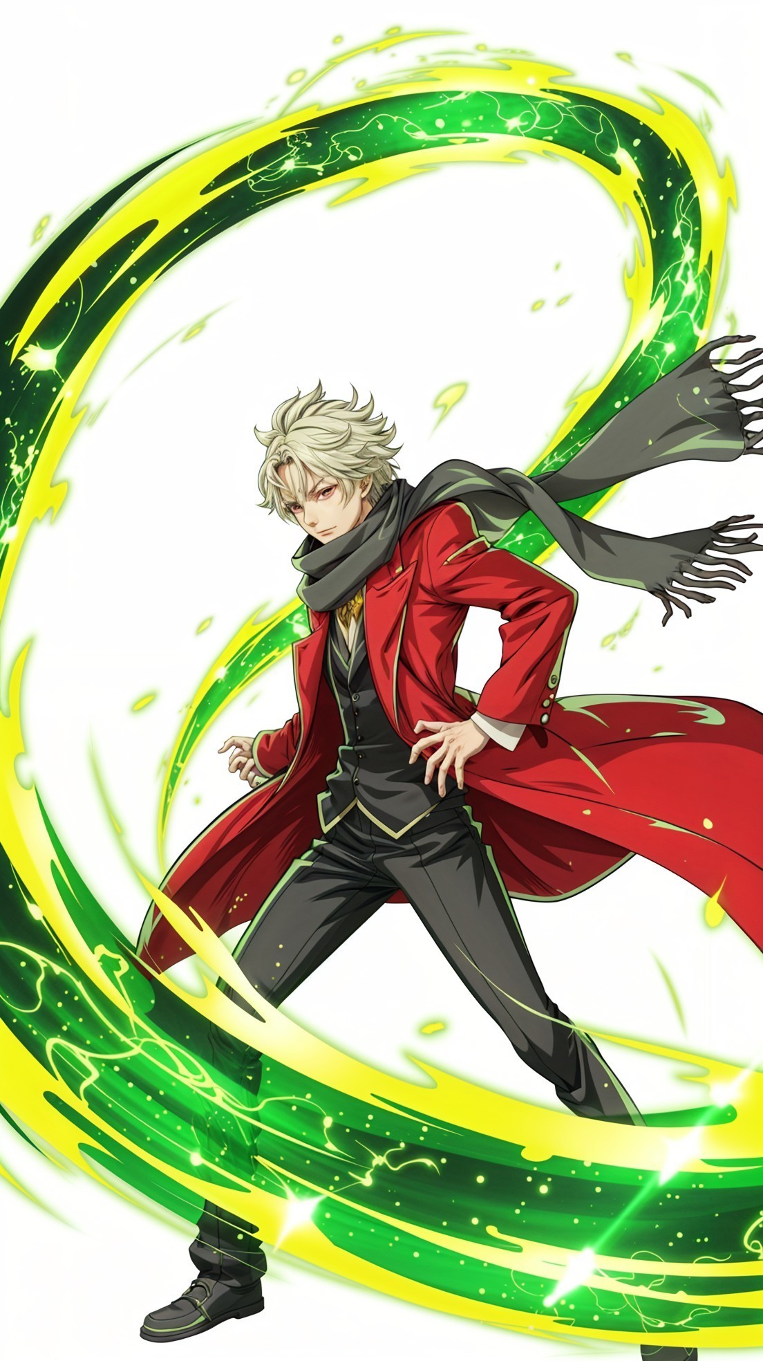 Stylish character in red coat with magical energy effects