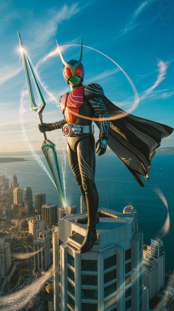 Heroic Figure on Skyscraper with Spear and Skyline