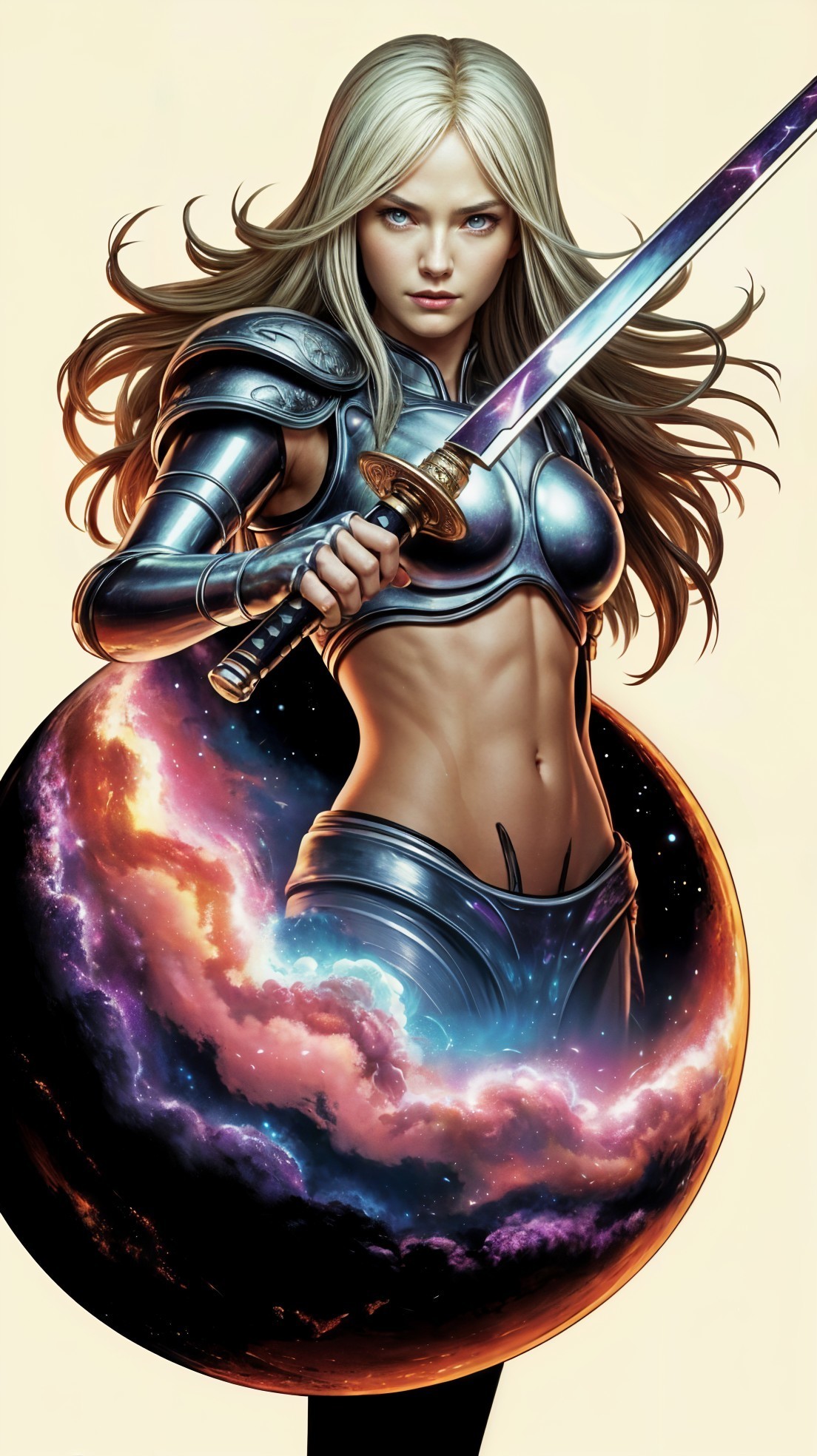Warrior Woman in Silver Armor Against Cosmic Backdrop