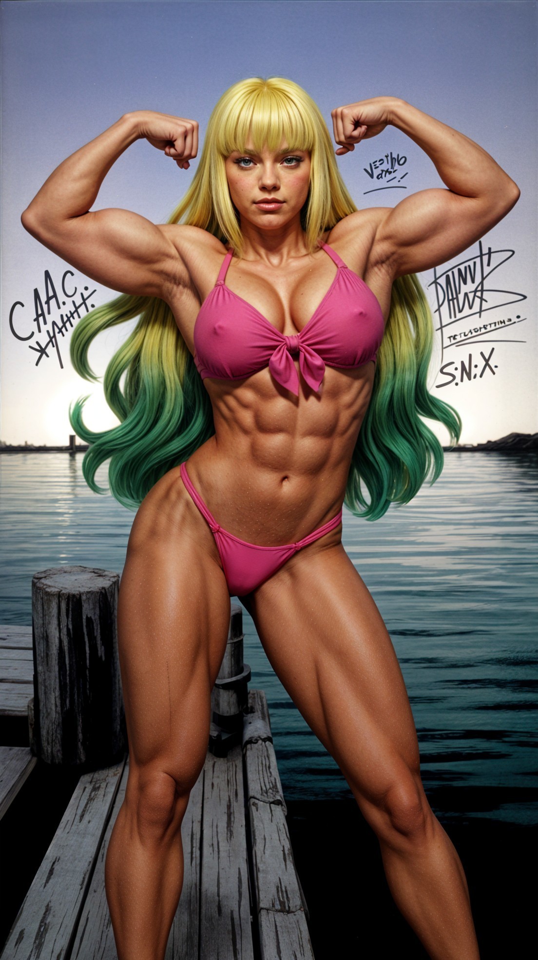 Muscular Woman Flexing Biceps by Calm Waterfront