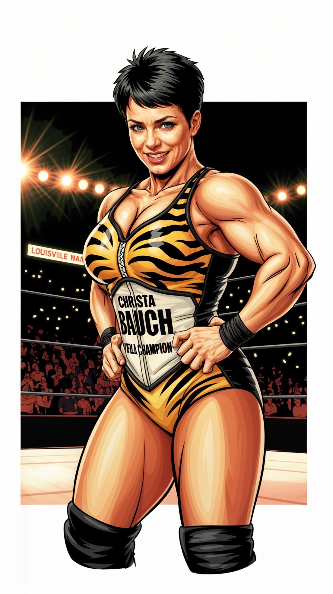 Muscular Female Wrestler in Tiger-Striped Leotard