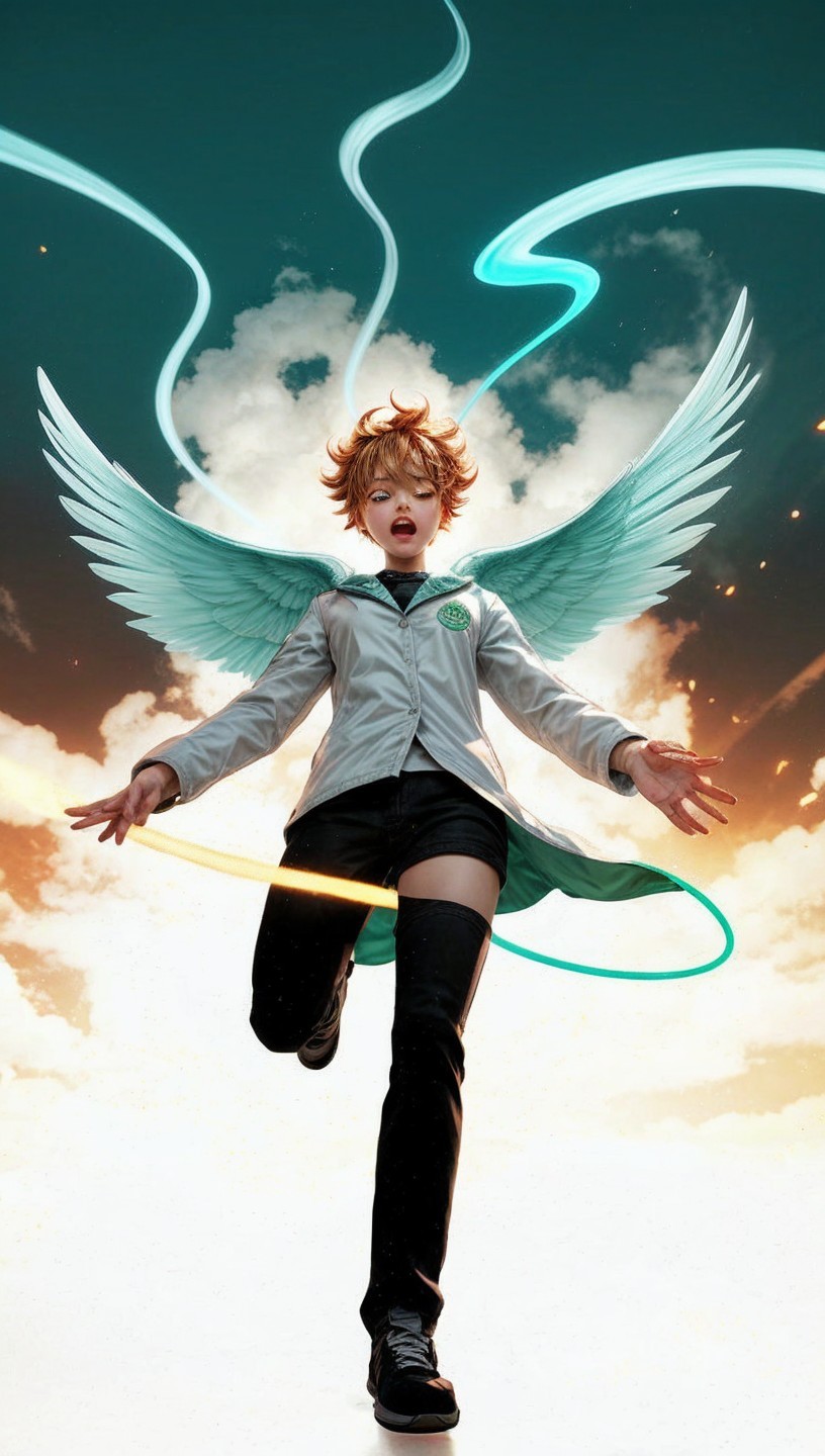Character with Glowing Wings in Vibrant Sky Scene