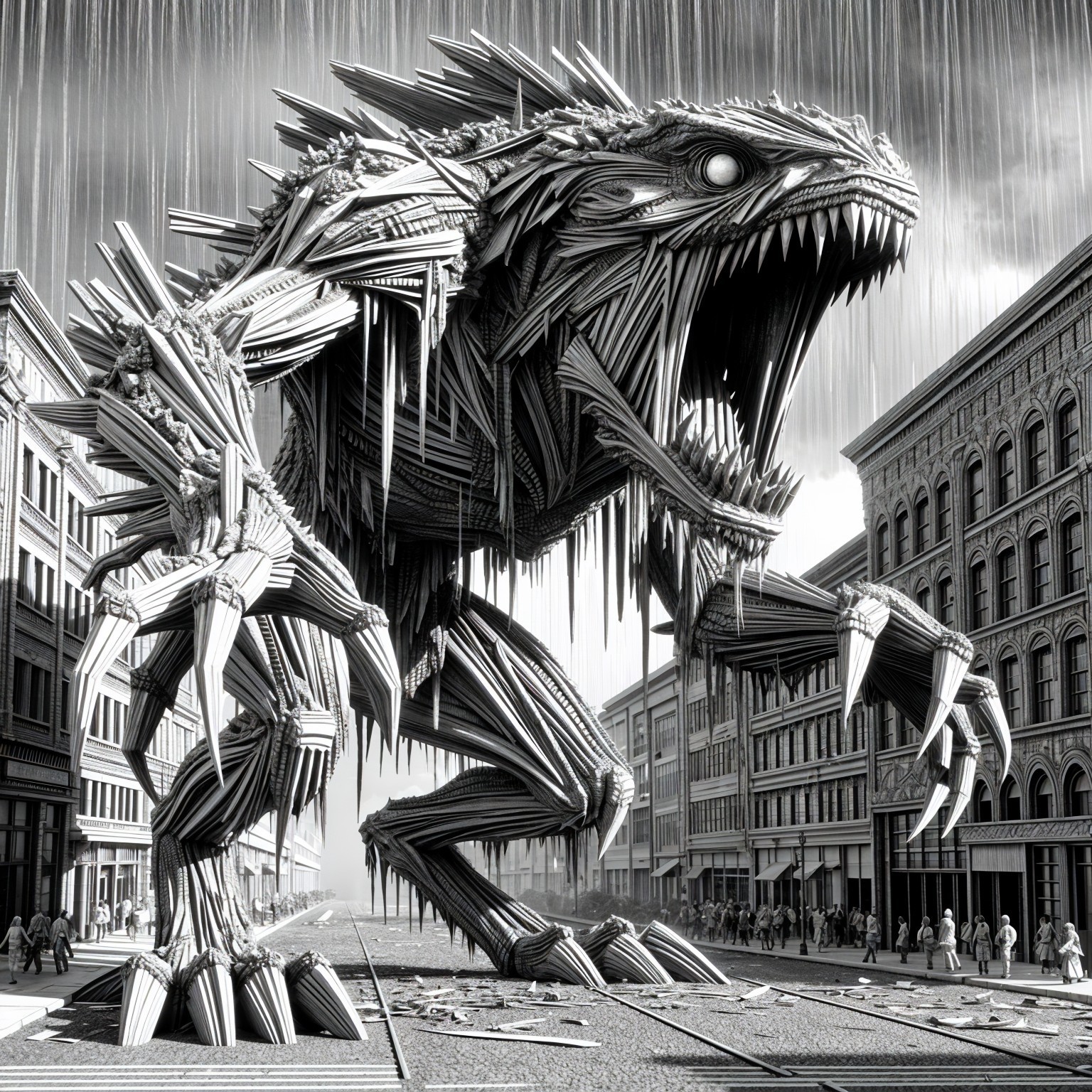 Colossal Wooden Creature Over Deserted City Street