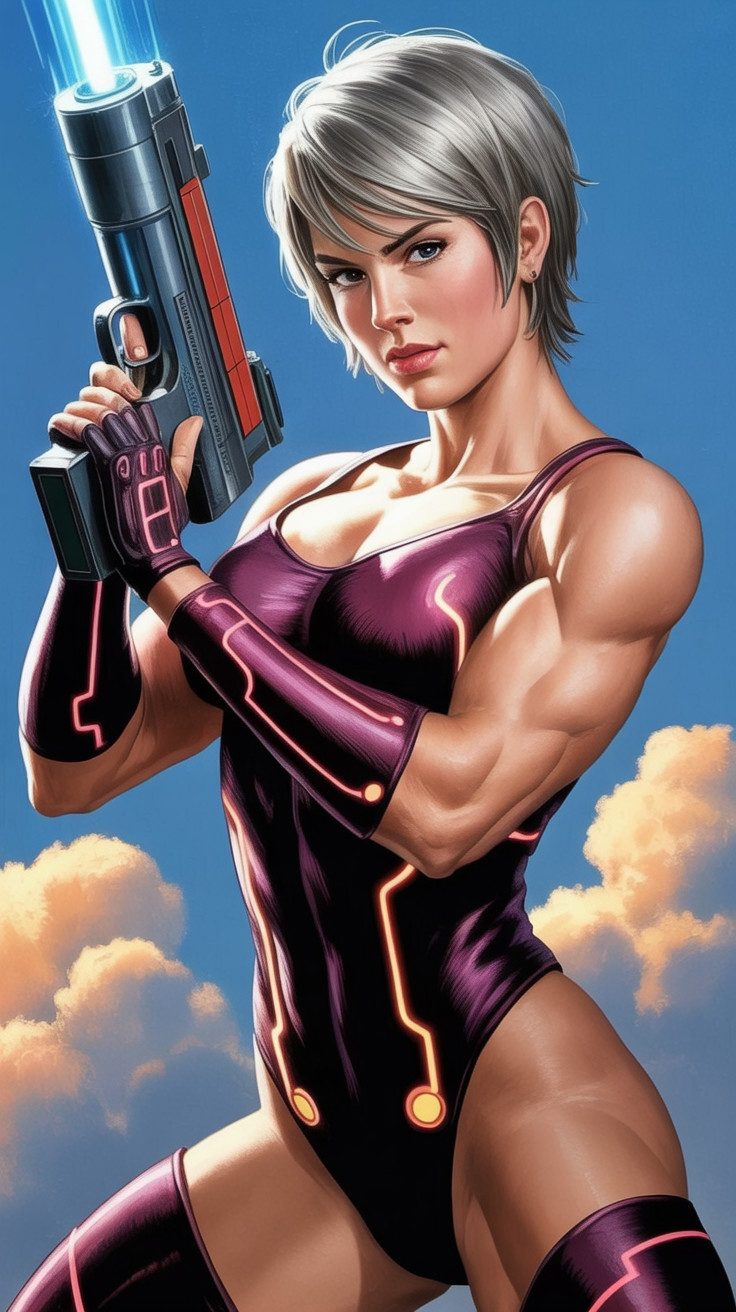 Muscular Woman with Futuristic Handgun in Bodysuit