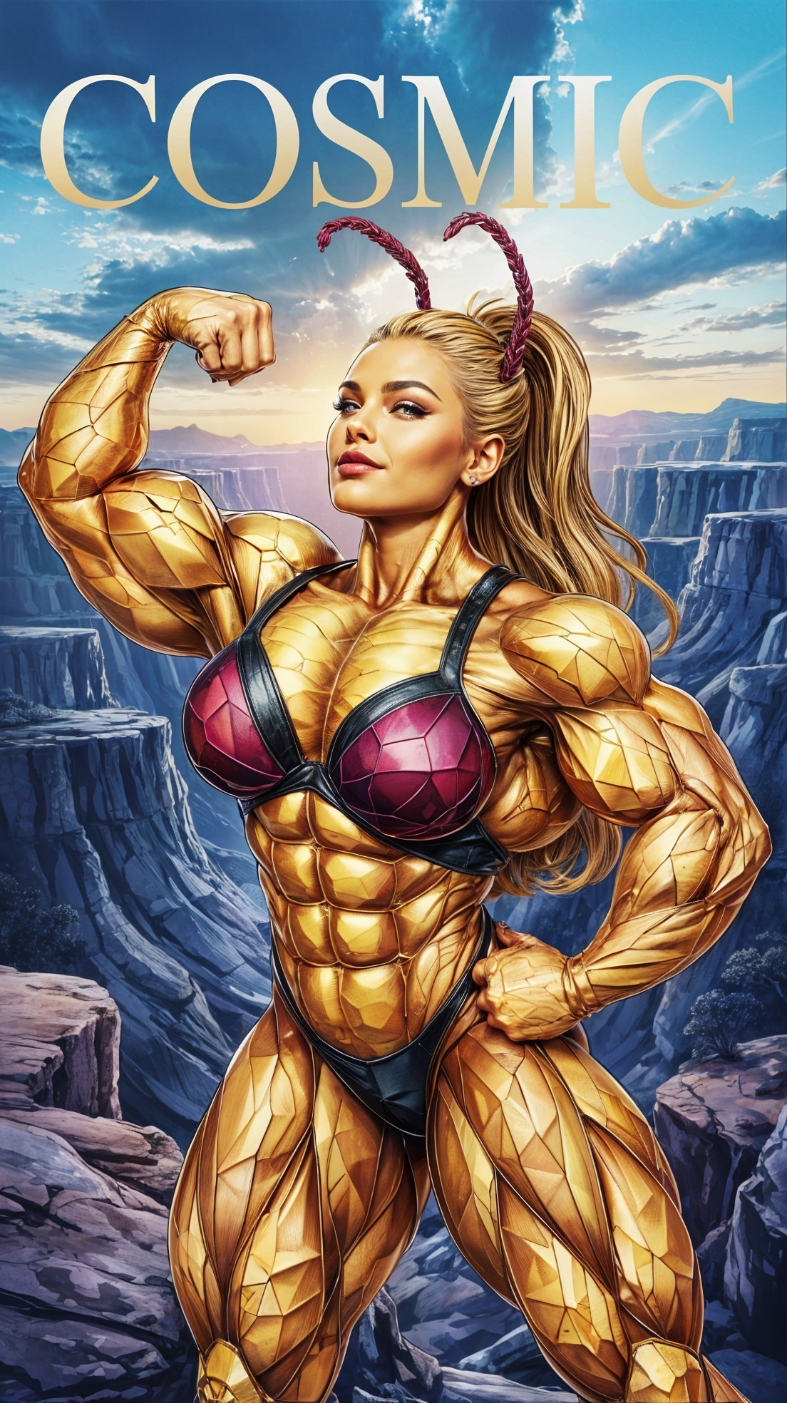 Muscular Female Figure in Canyon with Geometric Patterns