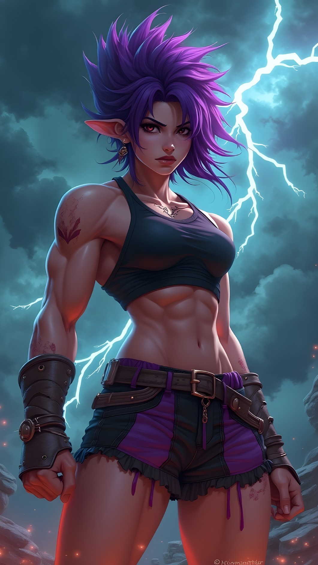 Female Warrior in Stormy Background with Lightning