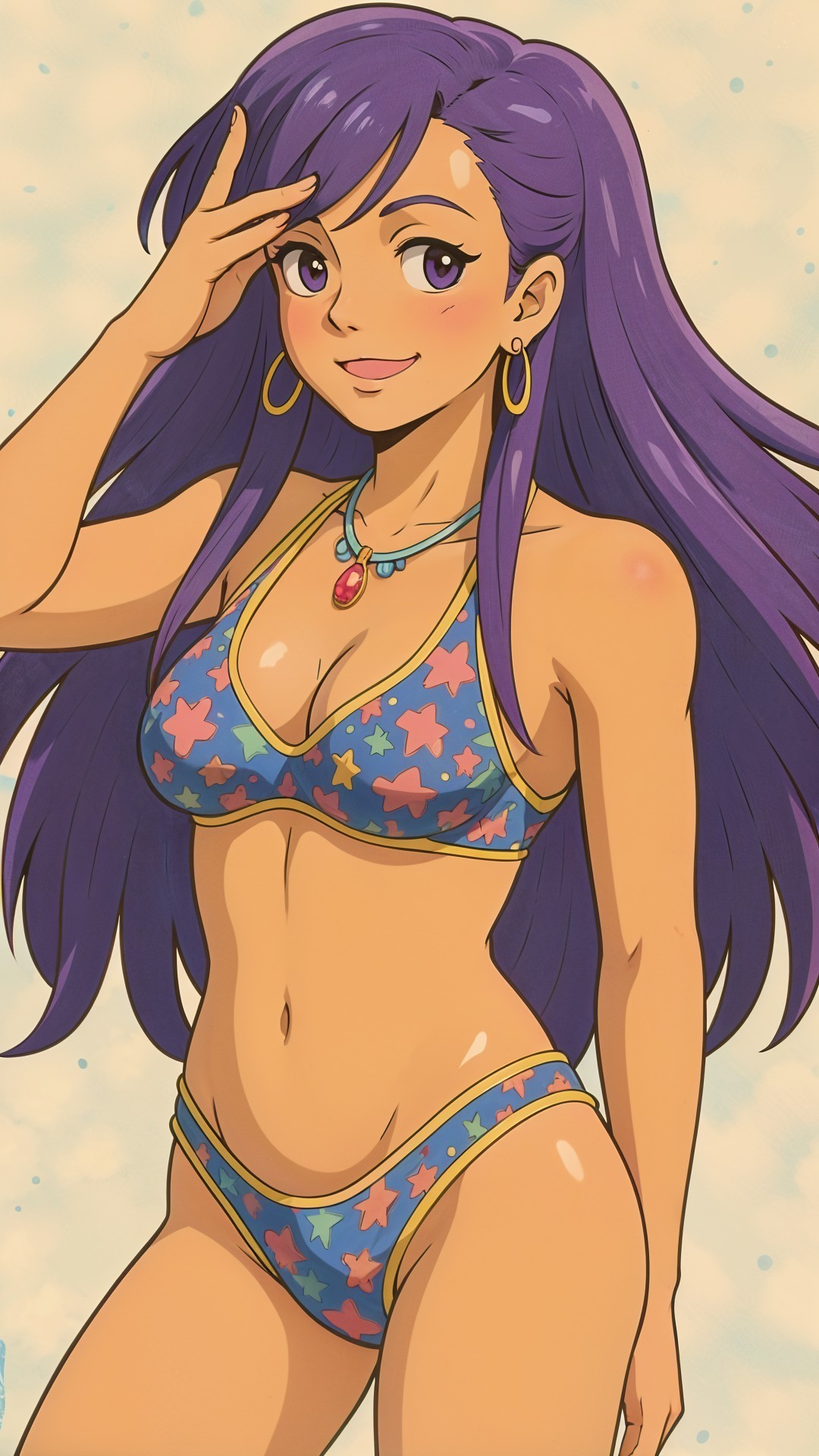 Vibrant anime character with purple hair in bikini