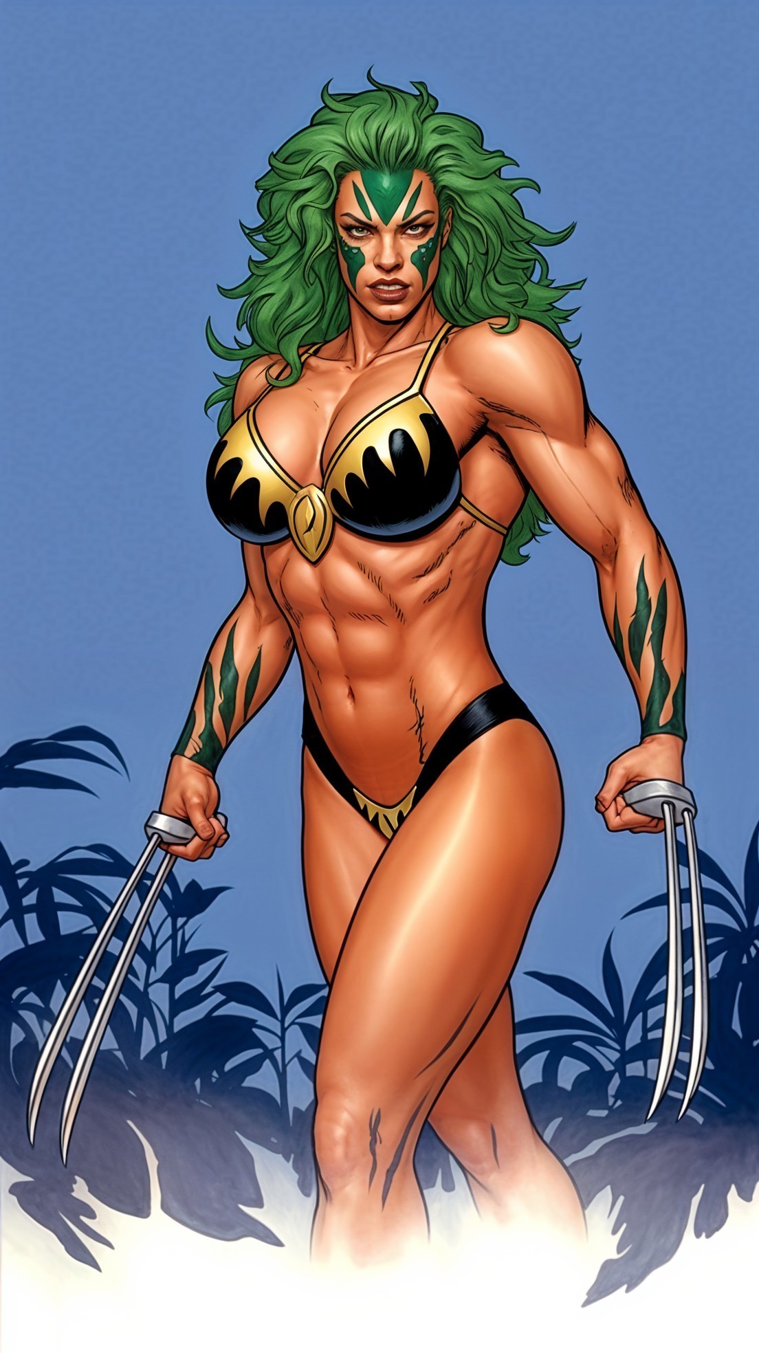 Female superhero with green hair and fierce expression