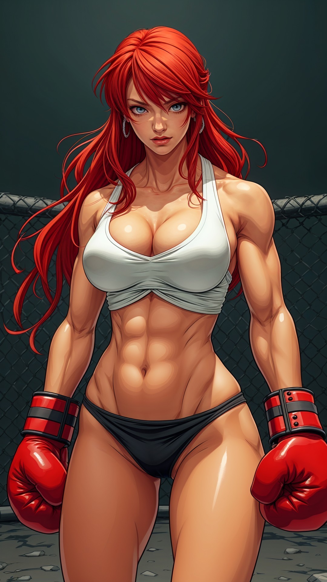 Muscular Female Boxer in Boxing Ring with Red Hair