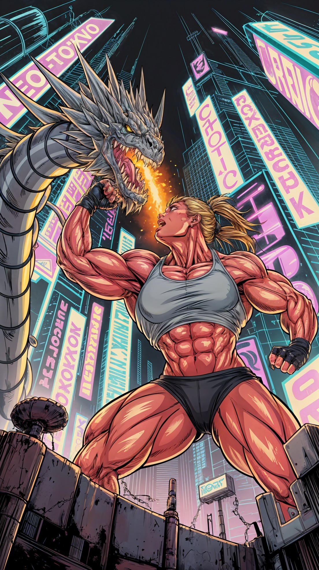 Muscular Figure Confronts Dragon in Futuristic City