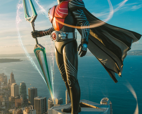Heroic Figure on Skyscraper with Spear and Skyline