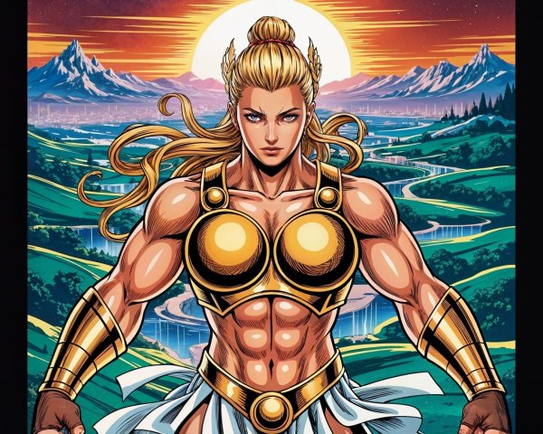 Powerful Female Warrior in Golden Armor at Sunset