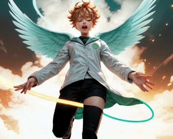 Character with Glowing Wings in Vibrant Sky Scene