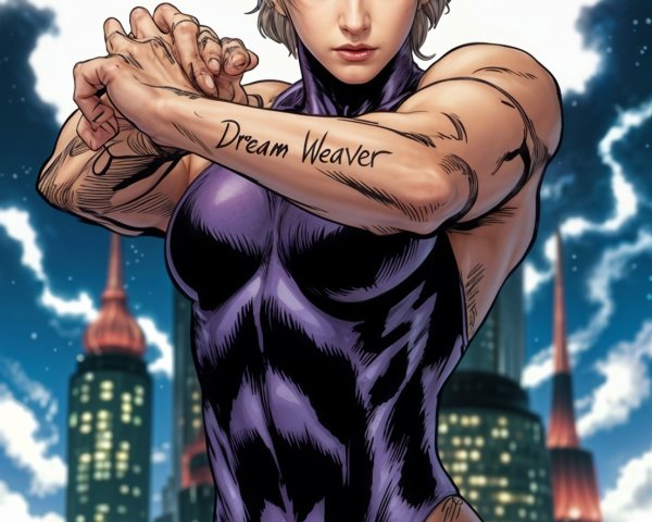 Female superhero in purple and black costume with skyline