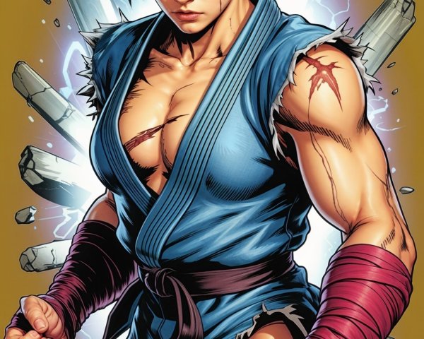 Dynamic comic-style character in martial arts gi