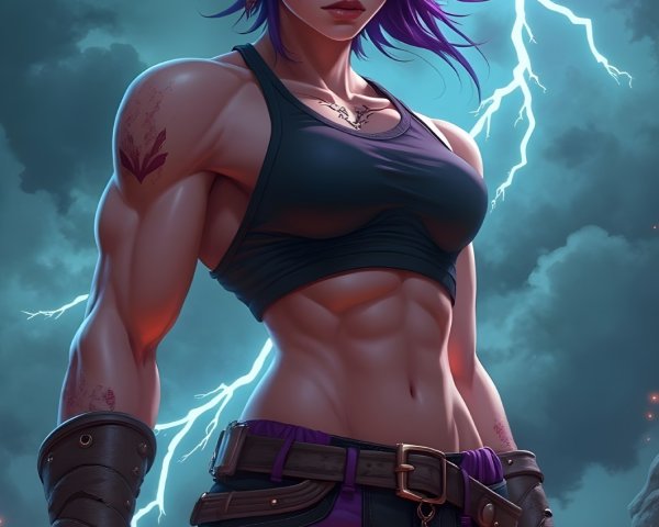 Female Warrior in Stormy Background with Lightning