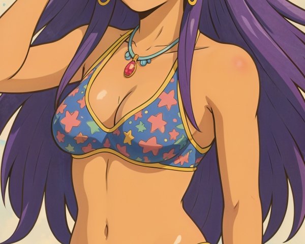 Vibrant anime character with purple hair in bikini
