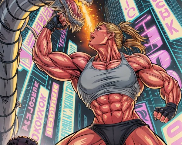 Muscular Figure Confronts Dragon in Futuristic City