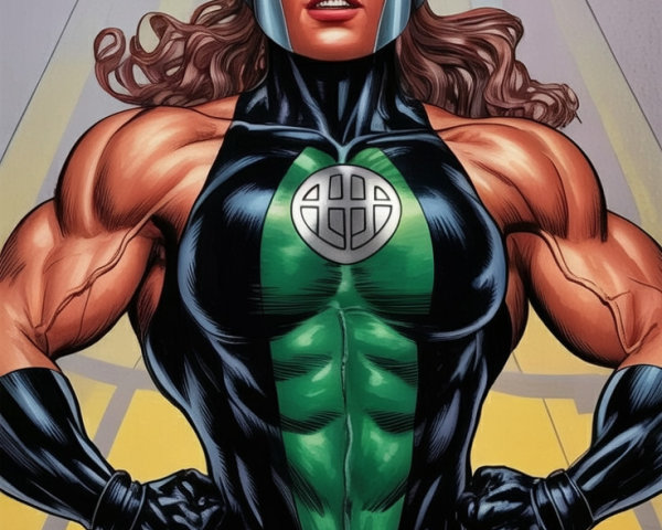 Powerful Female Superhero in Black and Green Costume