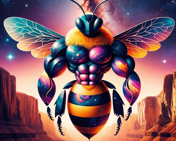 Muscular Bee Illustration with Cosmic Elements and Canyon