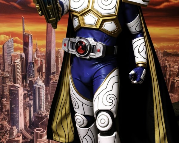 Heroic Figure in Vibrant Costume Against Cityscape