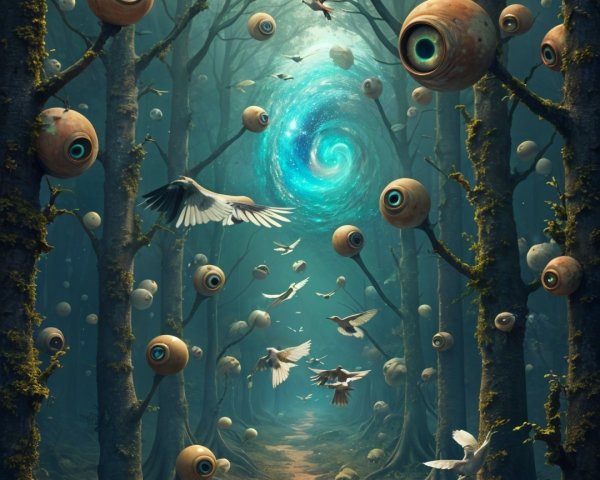 Surreal Forest with Enormous Eyes and Blue Vortex