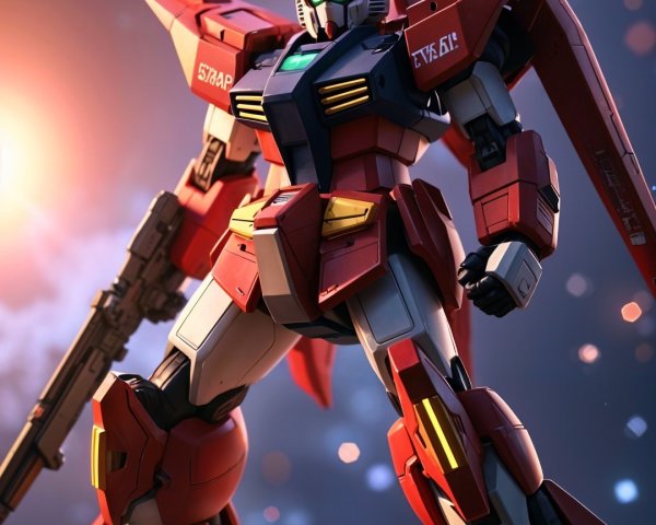 Detailed Robot Model with Futuristic Rifle in Cosmic Scene