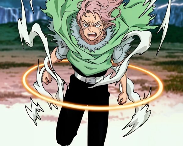 Dynamic character with pink hair and green cloak