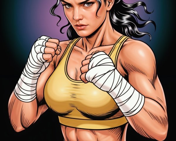 Confident Female Fighter in Dynamic Pose with Gradient Background