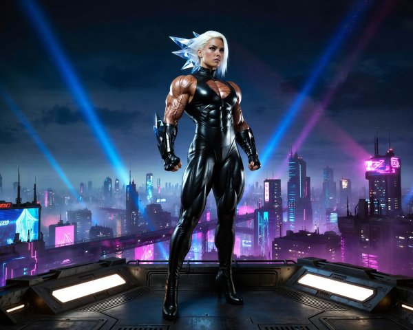 Muscular Female in Catsuit Overlooking Futuristic City