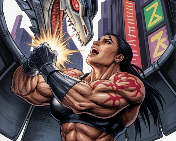 Urban Battle Scene with Fighter and Dragon Creature
