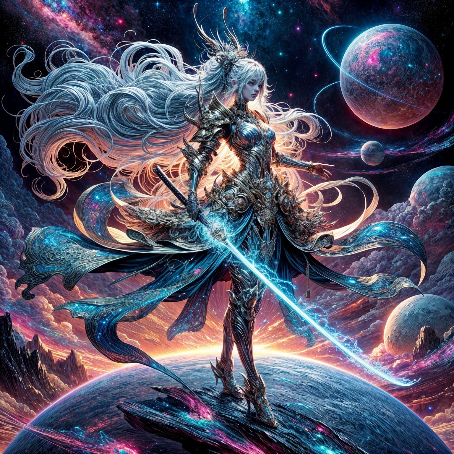 Celestial Warrior in Intricate Armor on Distant Planet