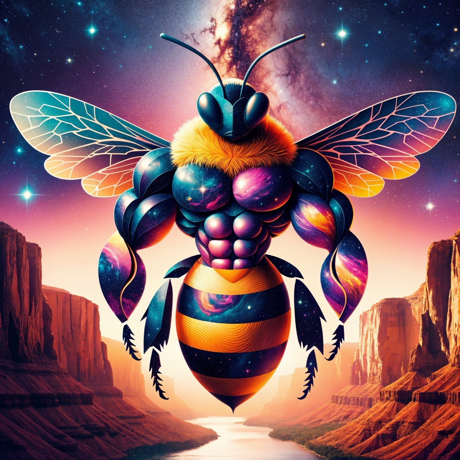 Muscular Bee Illustration with Cosmic Elements and Canyon