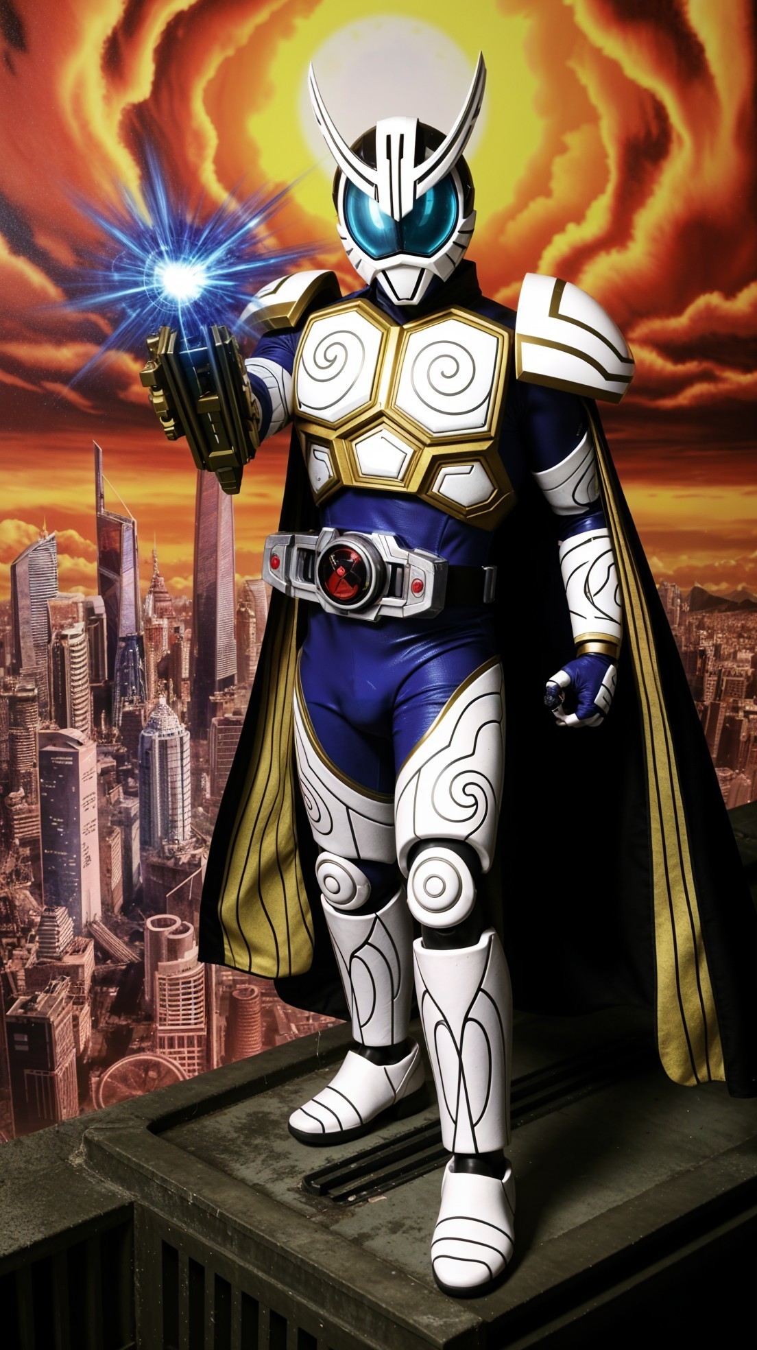 Heroic Figure in Vibrant Costume Against Cityscape