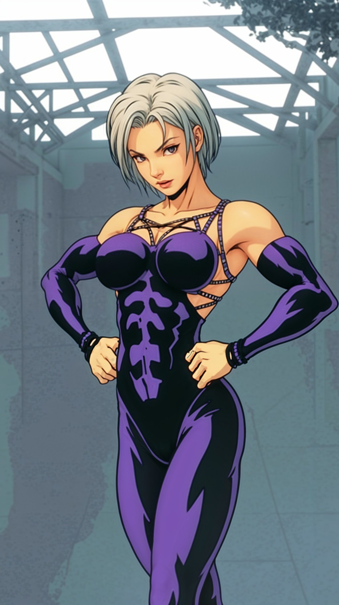 Stylized Female Character in Purple Outfit with Muscles