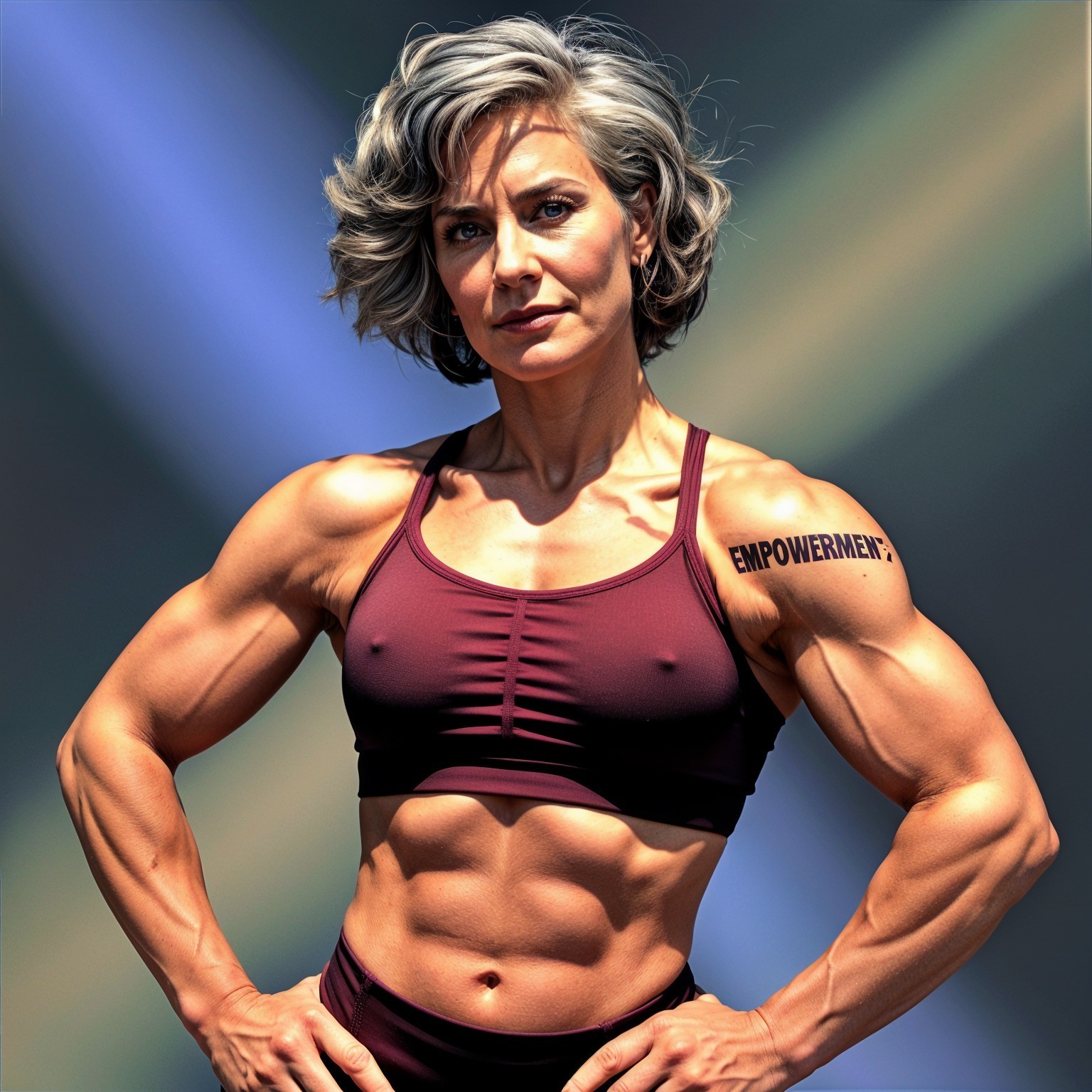 Confident Woman with Muscular Physique and Tattoo