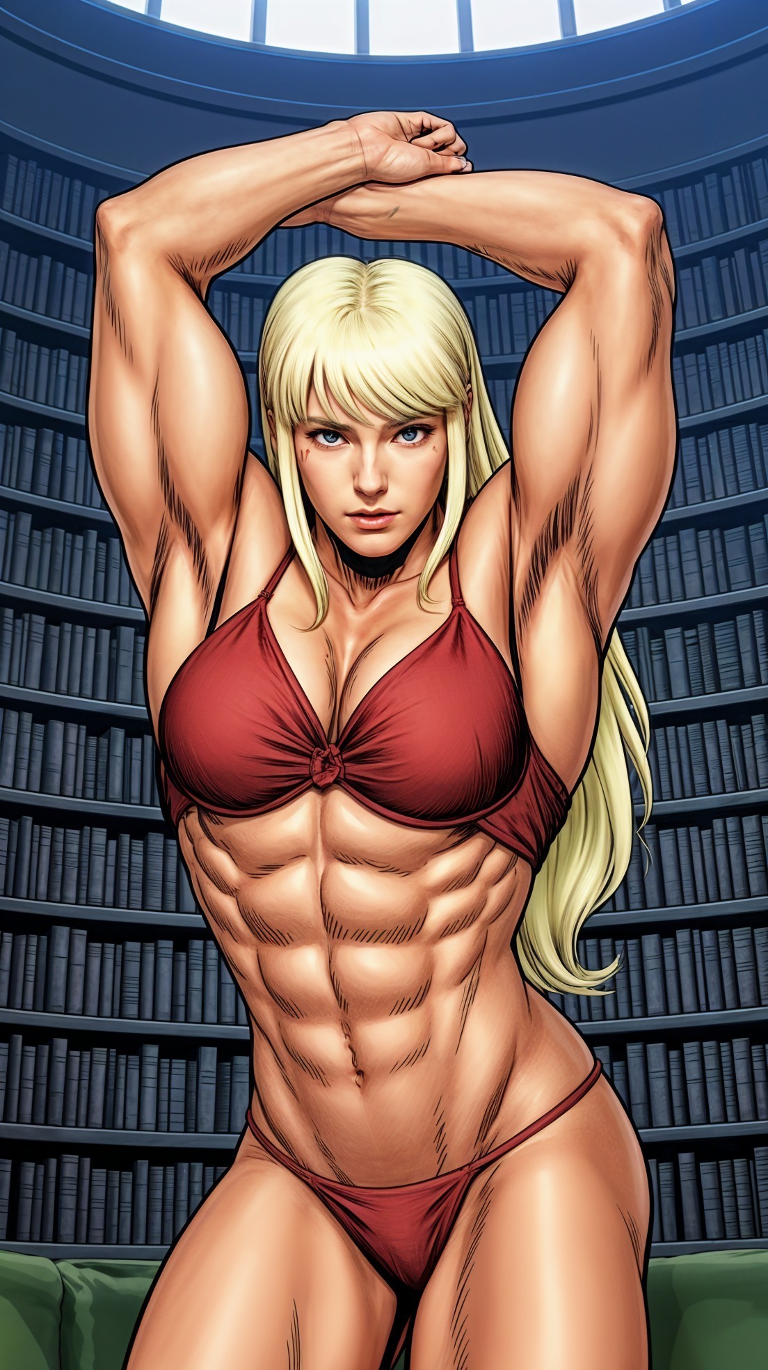 Confident Female Figure in Library with Muscular Physique
