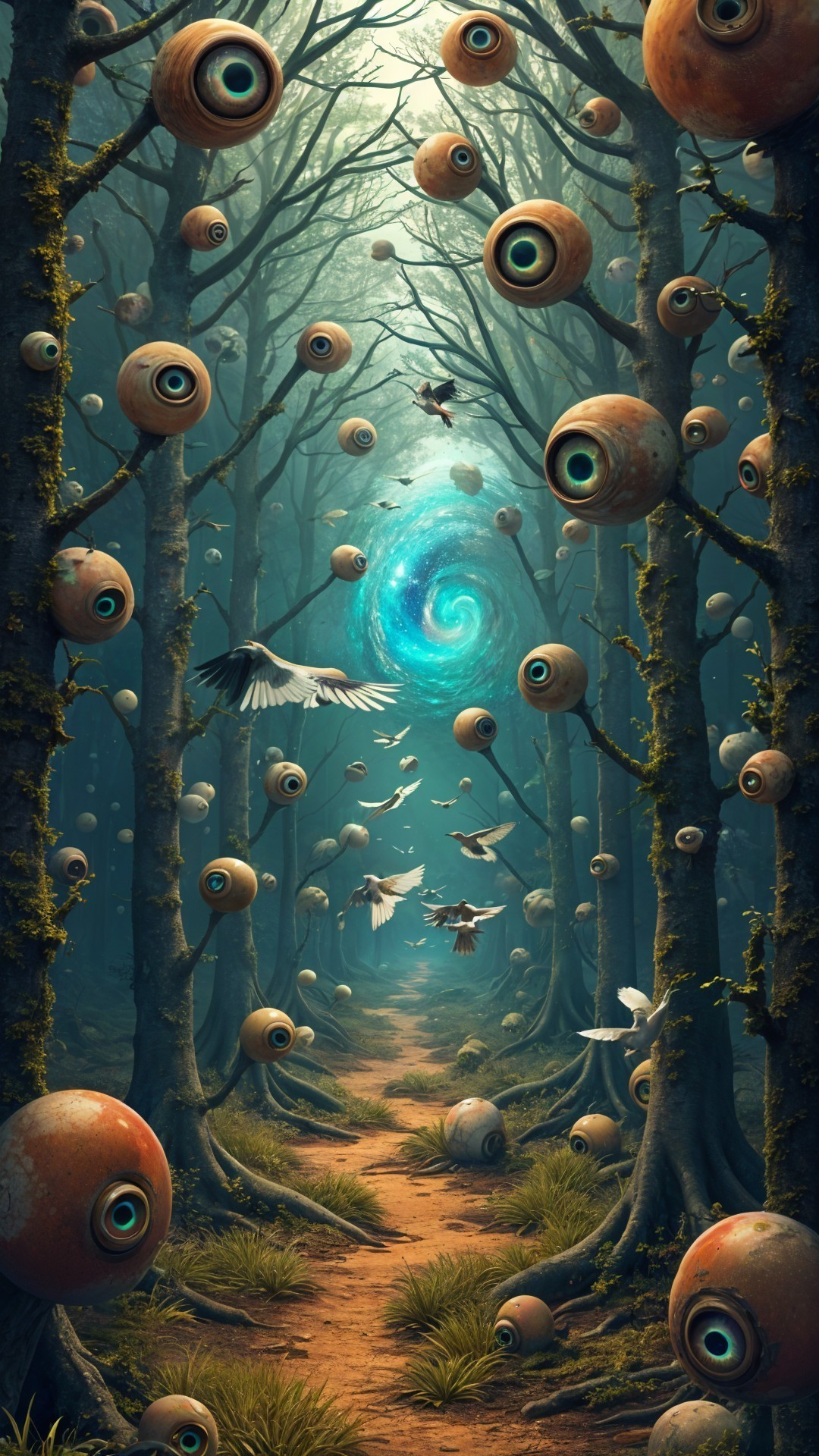 Surreal Forest with Enormous Eyes and Blue Vortex