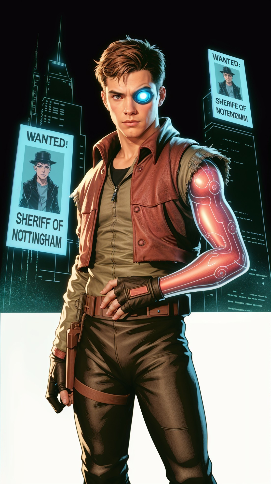 Young man with cybernetic arm in futuristic cityscape