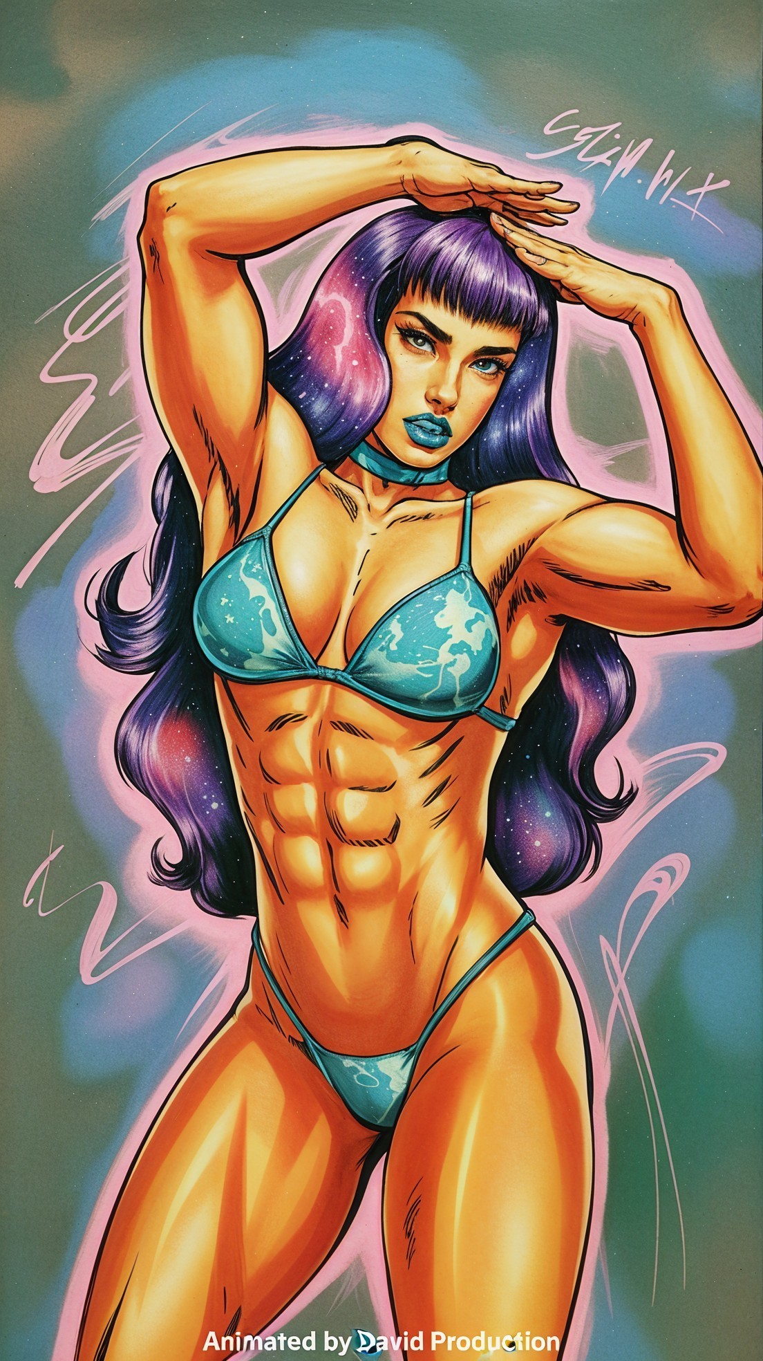 Stylized Muscular Woman in Light Blue Bikini Pose
