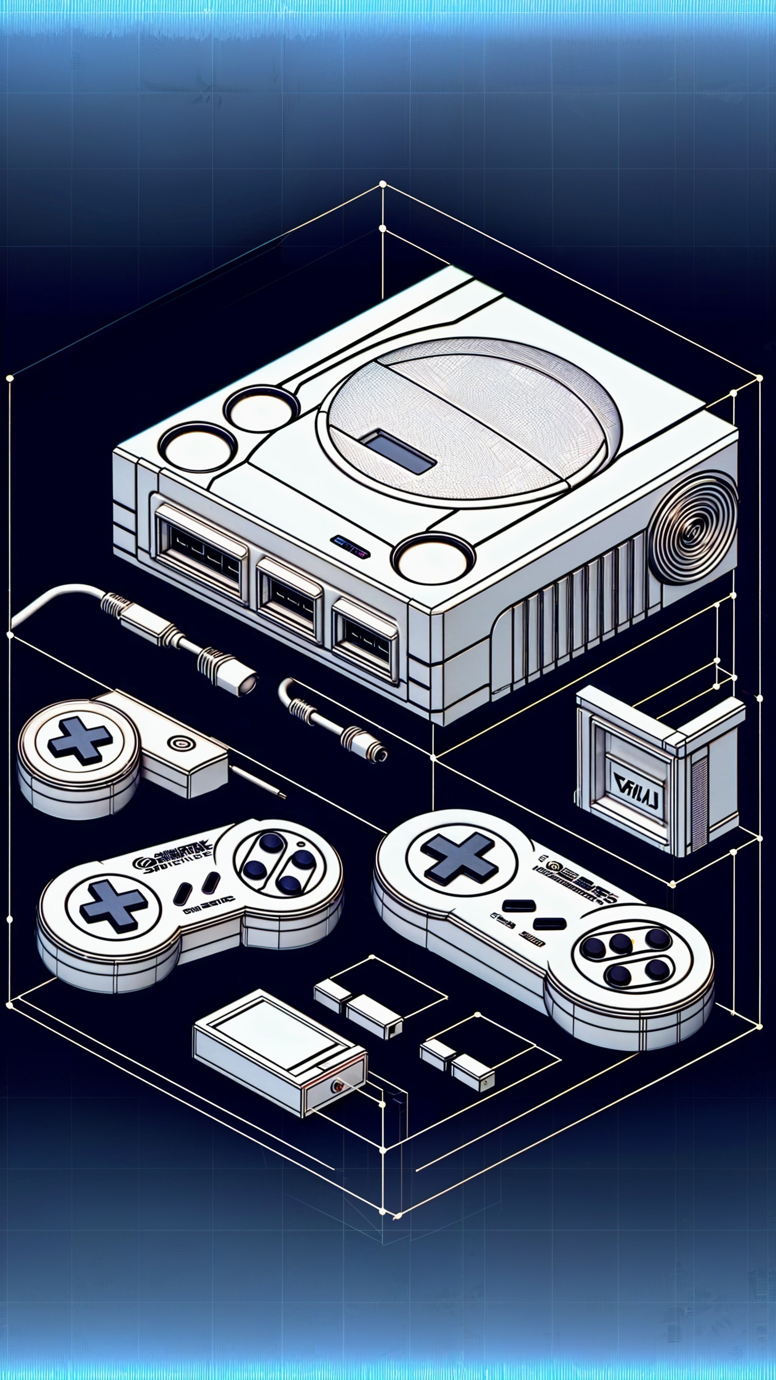 Line Art of Classic Gaming Console and Accessories