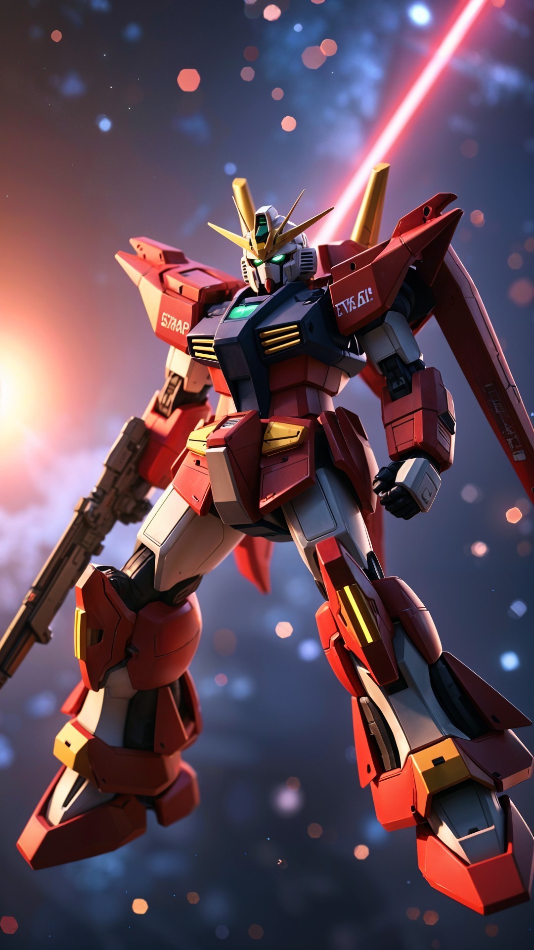 Detailed Robot Model with Futuristic Rifle in Cosmic Scene