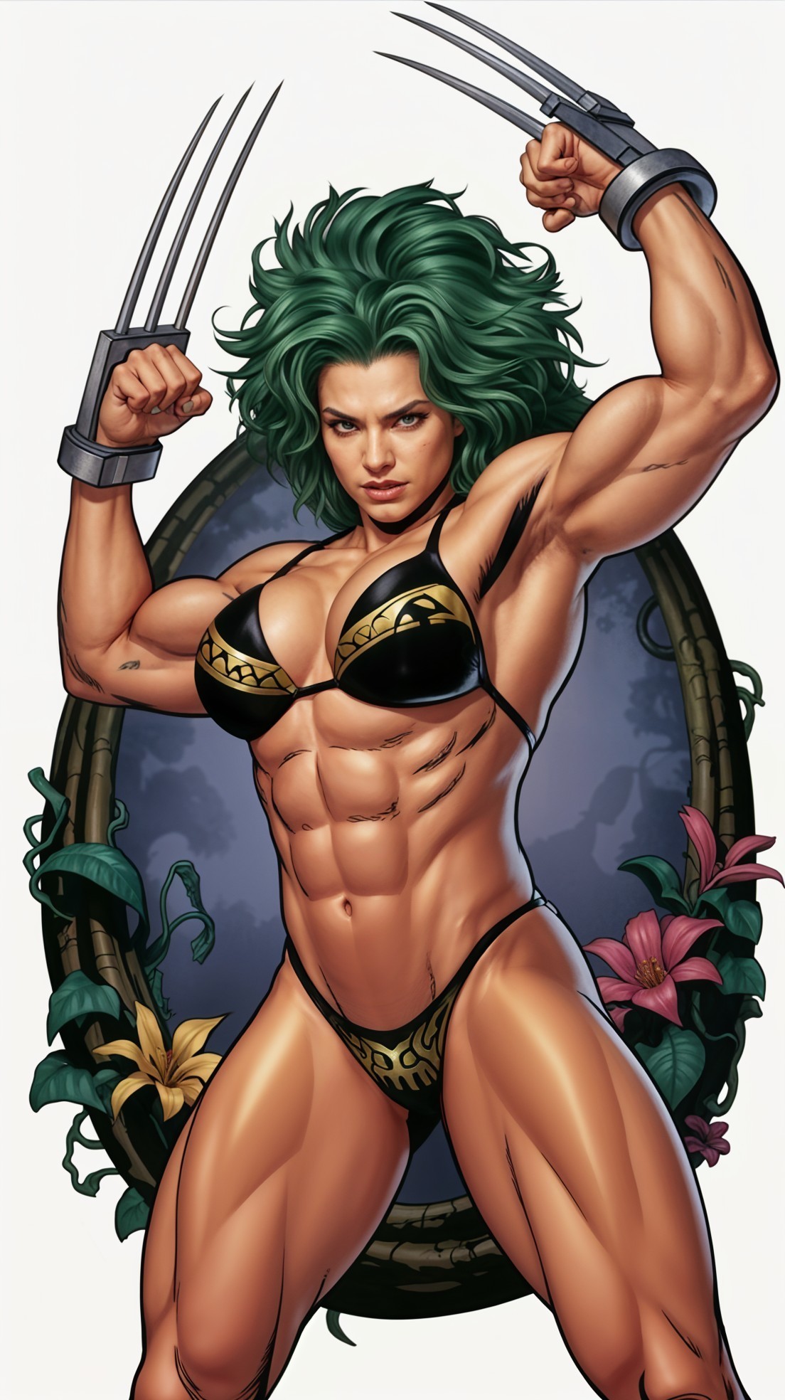 Muscular Female Character with Green Hair and Claws