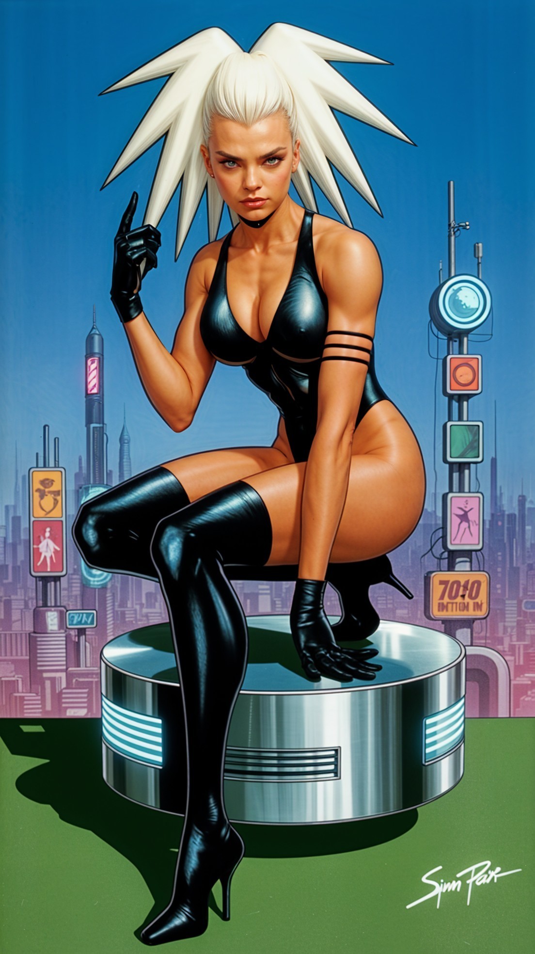 Character in Black Bodysuit Against Urban Skyline