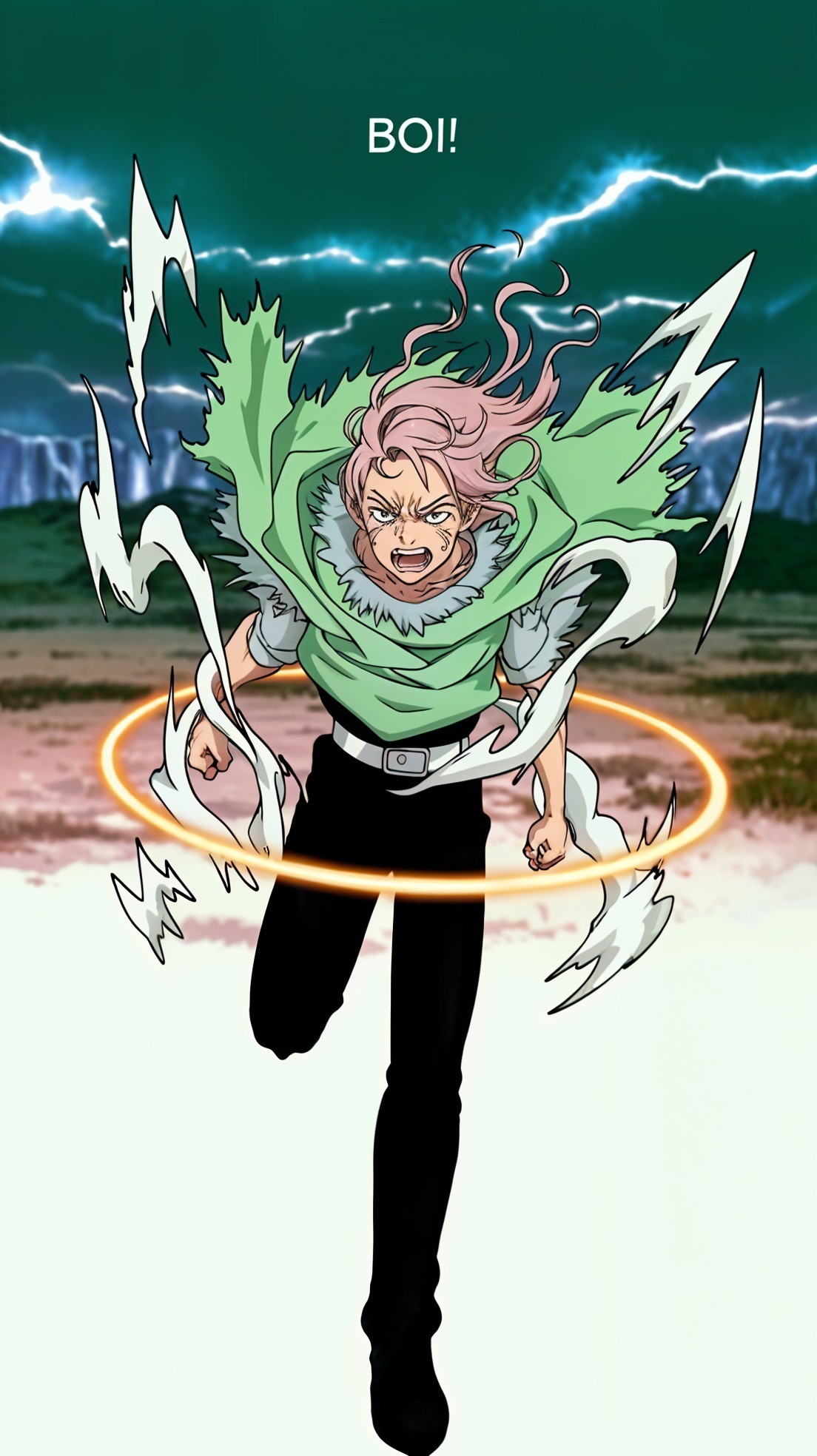 Dynamic character with pink hair and green cloak