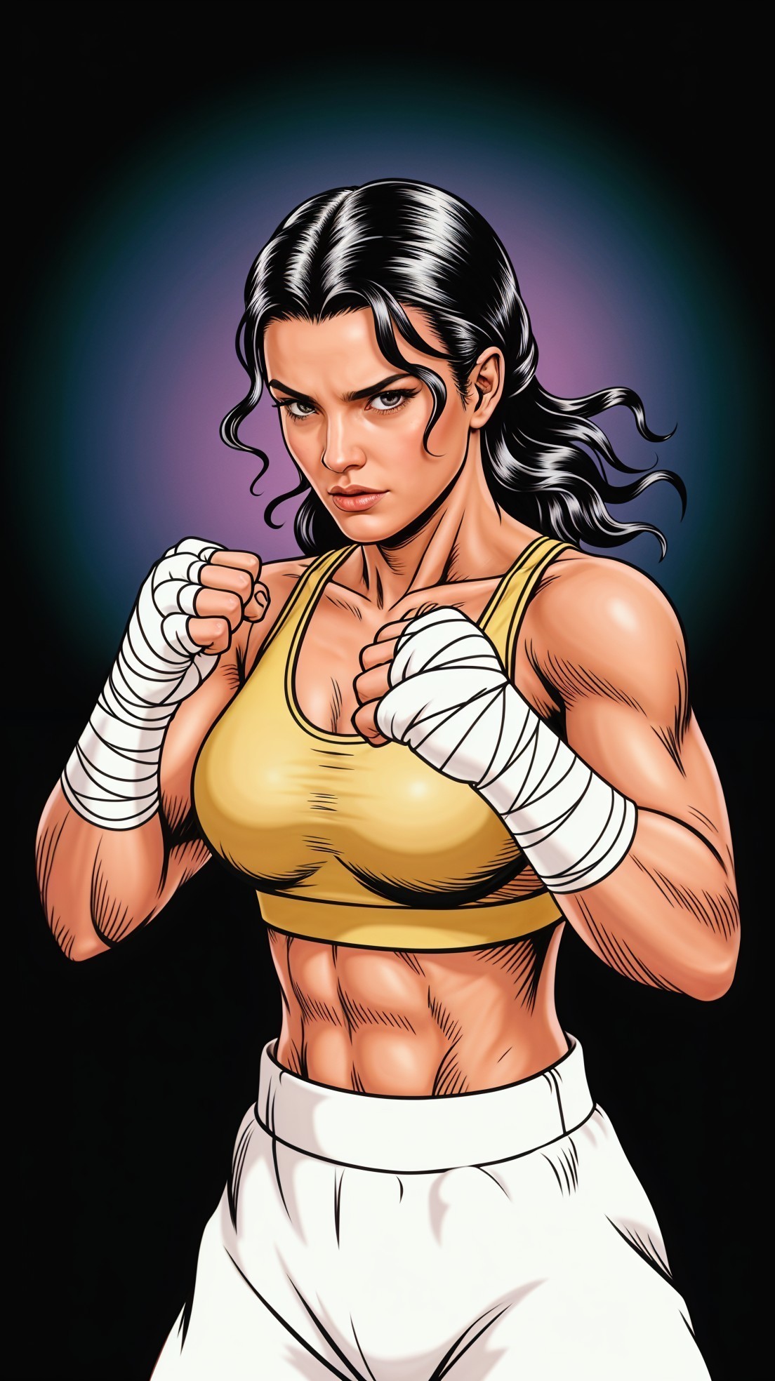 Confident Female Fighter in Dynamic Pose with Gradient Background