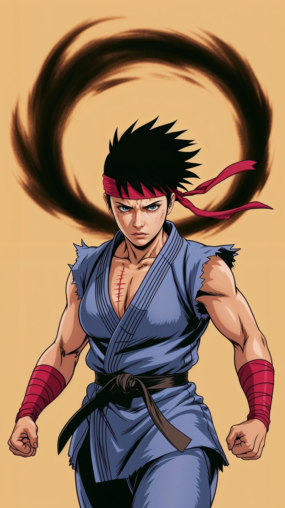 Muscular Anime Character in Blue Martial Arts Outfit