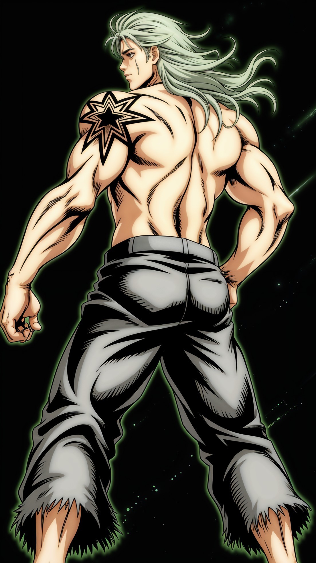 Muscular Character with Silver Hair and Star Tattoo